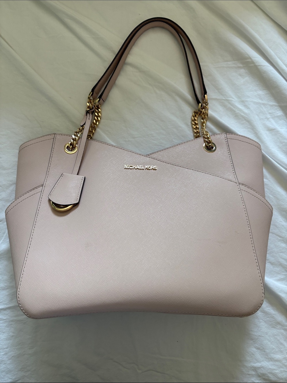 Michael Kors Light Pink Large Jet Set Leather Tote with Gold Chain Straps